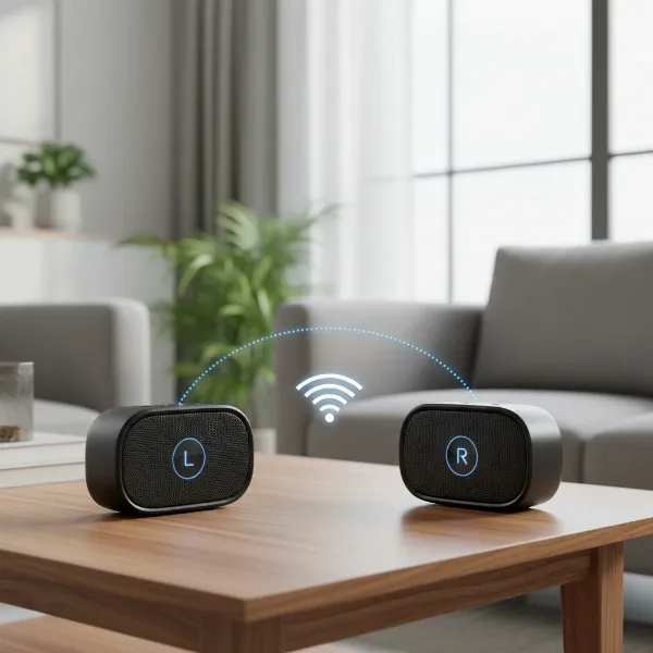 Two portable Bluetooth speakers wirelessly connected in a TWS setup