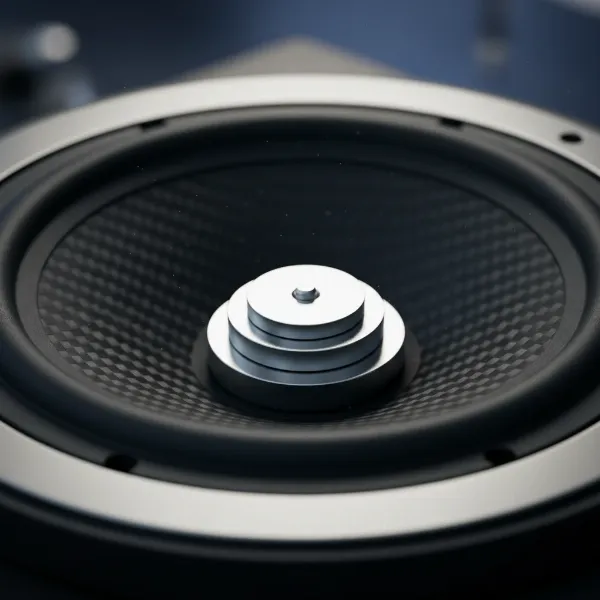 Close-up of a passive radiator cone with adjustable weights for tuning bass response.