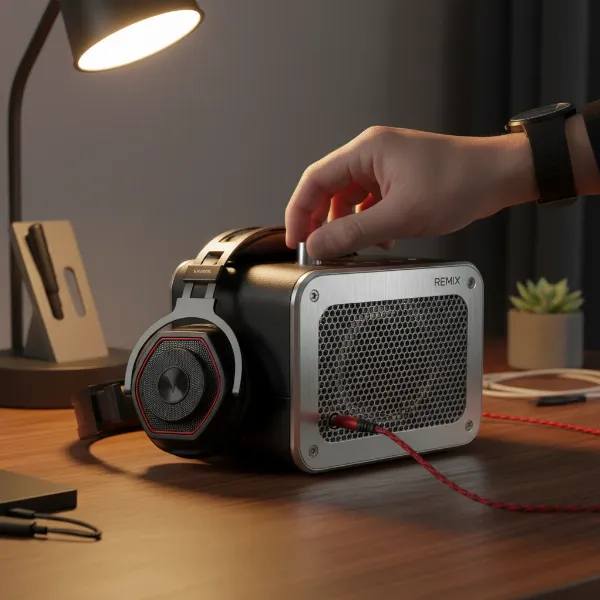 V-Moda Remix speaker connected to audiophile headphones, demonstrating the VAMP amplifier.