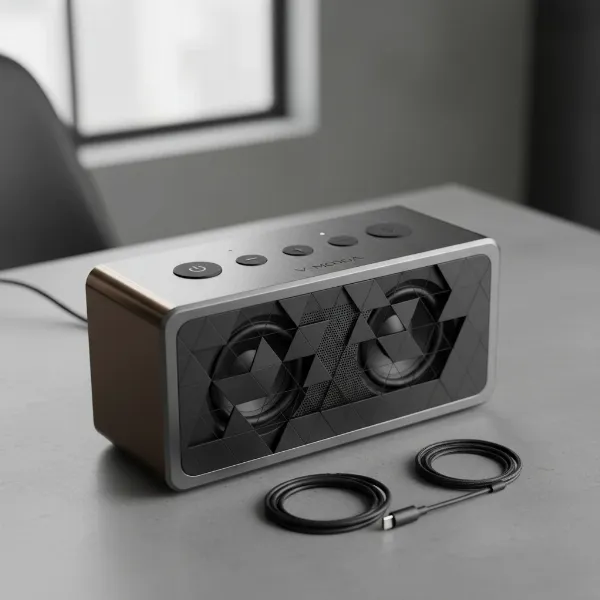 V-Moda Remix speaker with customizable 3D-printed parts, showcasing its premium metal build.