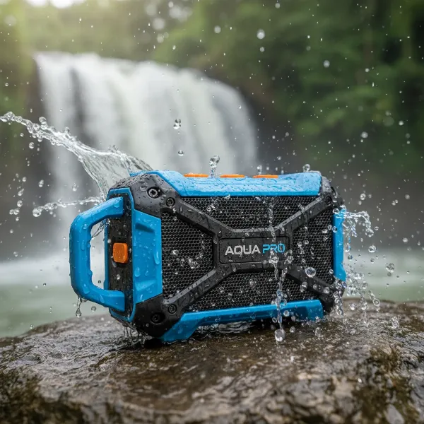 A rugged, waterproof Bluetooth speaker being splashed with water in an outdoor setting.