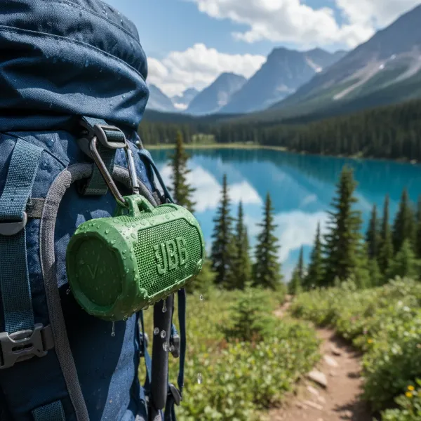 Durable, waterproof clip-on Bluetooth speaker attached to a backpack during an outdoor adventure.