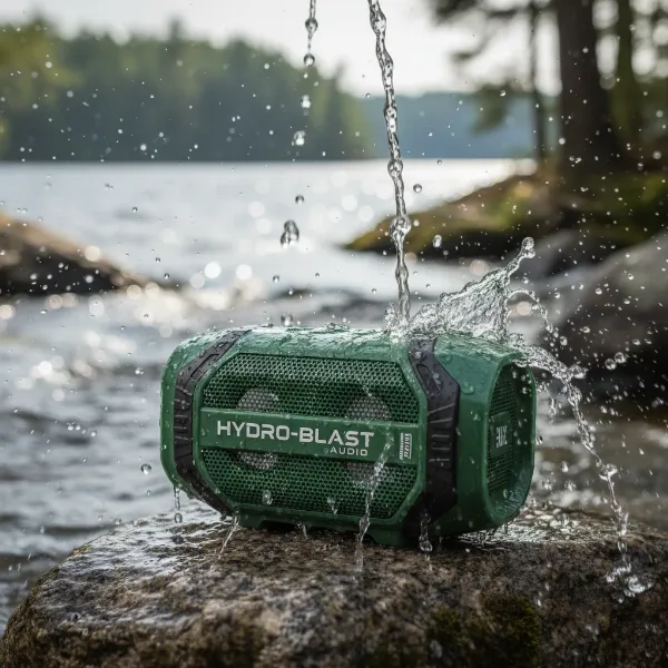 A rugged, waterproof Bluetooth speaker being splashed with water outdoors, showcasing its IPX rating.