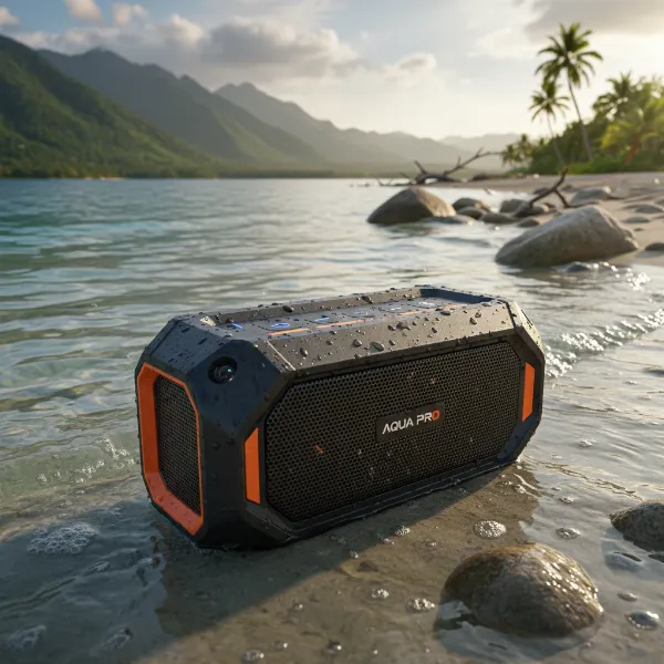 A rugged, waterproof Bluetooth speaker submerged partially in water or on a beach.
