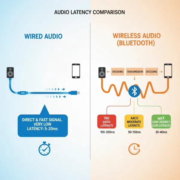Infographic comparing wired vs. wireless audio connection latency with different codecs.