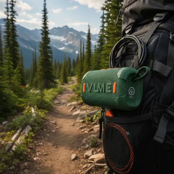 Ultimate Ears Wonderboom 4 speaker attached to backpack, highlighting its ruggedness and portability.