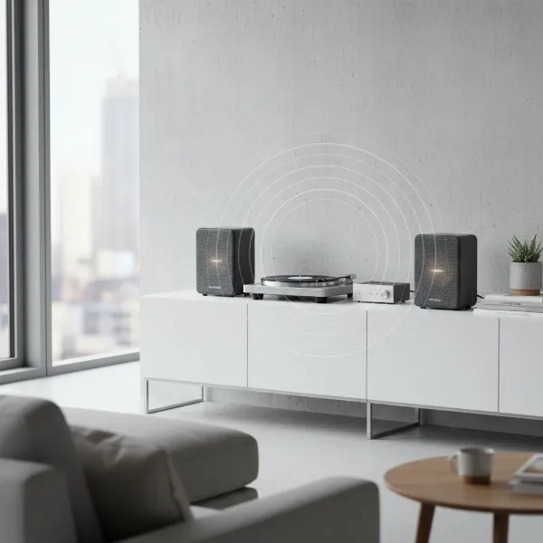 Two Cambridge Audio Yoyo M speakers arranged for true stereo sound in a modern room.